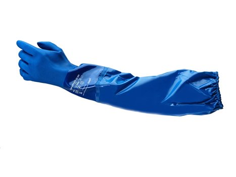 Guant de protecció química Ansell 23-201 pvc blava amb maniguet fins a l'espatlla.