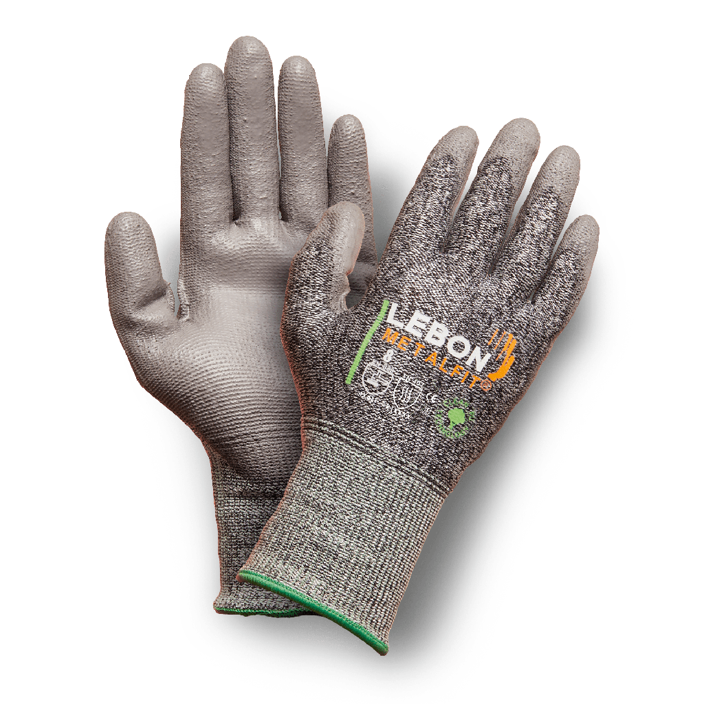 Guante anticorte Metalfit nivel F, hilo acero, poliamida y polietileno, baño pu clean en palma, refuerzo costura pulgar índice, compatible con pantallas táctiles.