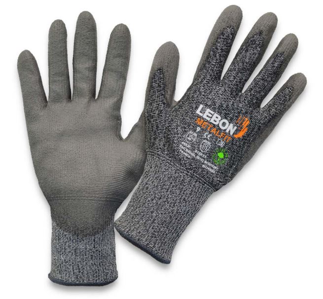Guante anticorte Metalfit nivel F, hilo acero, poliamida y polietileno, baño pu clean en palma, refuerzo costura pulgar índice, compatible con pantallas táctiles.
